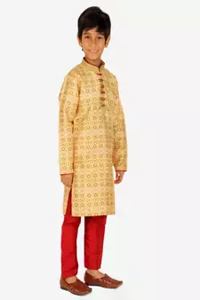 Boy's Kurta Pajama For Kids | Floral Print | Silk | Churindar Pyajama | Traditional Ethnic Wear (S-187)