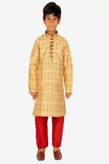 Boy's Kurta Pajama For Kids | Floral Print | Silk | Churindar Pyajama | Traditional Ethnic Wear (S-187)