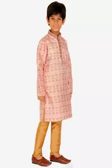 Boy's Kurta Pajama For Kids | Floral Print | Silk | Churindar Pyajama | Traditional Ethnic Wear (S-187)