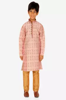 Boy's Kurta Pajama For Kids | Floral Print | Silk | Churindar Pyajama | Traditional Ethnic Wear (S-187)