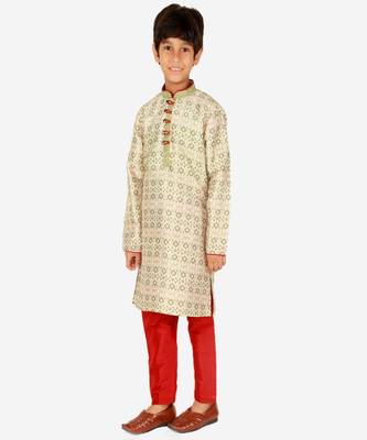 Boy's Kurta Pajama For Kids | Floral Print | Silk | Churindar Pyajama | Traditional Ethnic Wear (S-187) 1