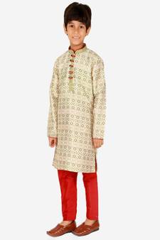 Boy's Kurta Pajama For Kids | Floral Print | Silk | Churindar Pyajama | Traditional Ethnic Wear (S-187)