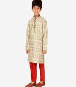 Boy's Kurta Pajama For Kids | Floral Print | Silk | Churindar Pyajama | Traditional Ethnic Wear (S-187)