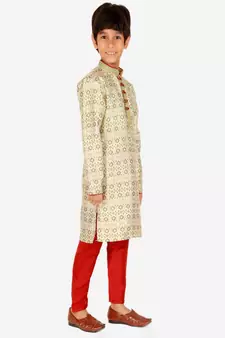 Boy's Kurta Pajama For Kids | Floral Print | Silk | Churindar Pyajama | Traditional Ethnic Wear (S-187)