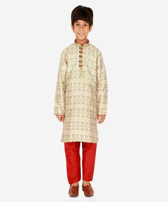 Boy's Kurta Pajama For Kids | Floral Print | Silk | Churindar Pyajama | Traditional Ethnic Wear (S-187) 3