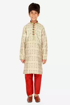 Boy's Kurta Pajama For Kids | Floral Print | Silk | Churindar Pyajama | Traditional Ethnic Wear (S-187)