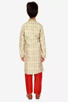 Boy's Kurta Pajama For Kids | Floral Print | Silk | Churindar Pyajama | Traditional Ethnic Wear (S-187)