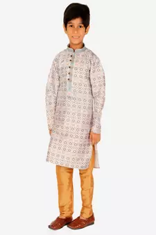 Boy's Kurta Pajama For Kids | Floral Print | Silk | Churindar Pyajama | Traditional Ethnic Wear (S-187)