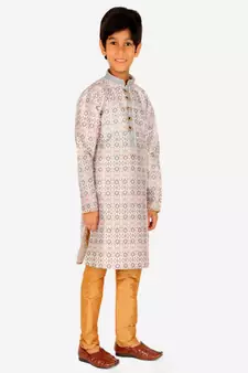 Boy's Kurta Pajama For Kids | Floral Print | Silk | Churindar Pyajama | Traditional Ethnic Wear (S-187)
