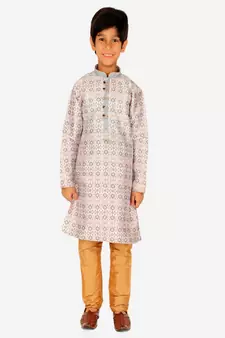Boy's Kurta Pajama For Kids | Floral Print | Silk | Churindar Pyajama | Traditional Ethnic Wear (S-187)