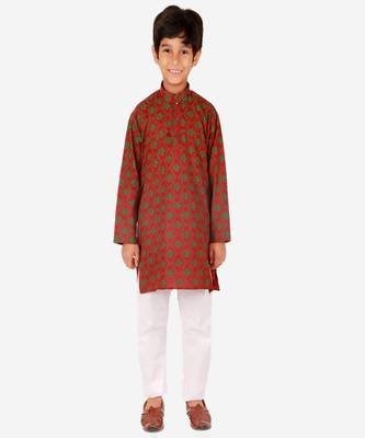 Boy's Kurta Pajama For Kids | Floral Print | Cotton | Churindar Pyajama | Traditional Ethnic Wear (S-190) 1