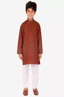 Boy's Kurta Pajama For Kids | Floral Print | Cotton | Churindar Pyajama | Traditional Ethnic Wear (S-190)