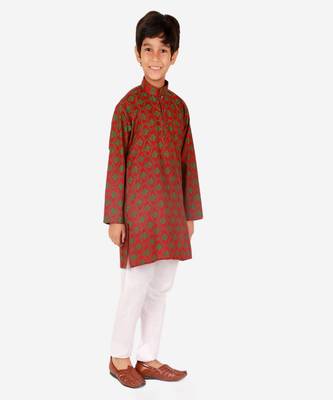 Boy's Kurta Pajama For Kids | Floral Print | Cotton | Churindar Pyajama | Traditional Ethnic Wear (S-190) 3
