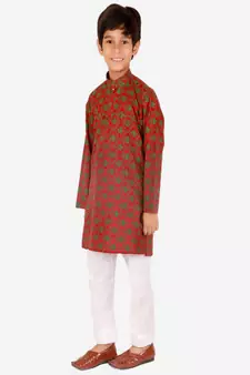 Boy's Kurta Pajama For Kids | Floral Print | Cotton | Churindar Pyajama | Traditional Ethnic Wear (S-190)