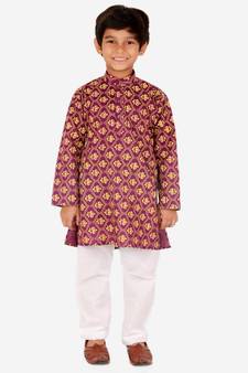 Boy's Kurta Pajama For Kids | Floral Print | Cotton | Churindar Pyajama | Traditional Ethnic Wear (S-190)
