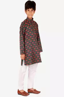 Boy's Kurta Pajama For Kids | Floral Print | Cotton | Churindar Pyajama | Traditional Ethnic Wear (S-190)