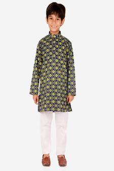 Boy's Kurta Pajama For Kids | Floral Print | Cotton | Churindar Pyajama | Traditional Ethnic Wear (S-190)