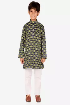 Boy's Kurta Pajama For Kids | Floral Print | Cotton | Churindar Pyajama | Traditional Ethnic Wear (S-190)
