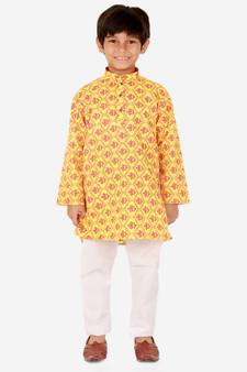 Boy's Kurta Pajama For Kids | Floral Print | Cotton | Churindar Pyajama | Traditional Ethnic Wear (S-190)