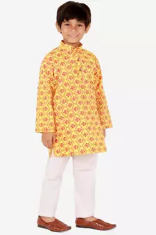 Boy's Kurta Pajama For Kids | Floral Print | Cotton | Churindar Pyajama | Traditional Ethnic Wear (S-190)
