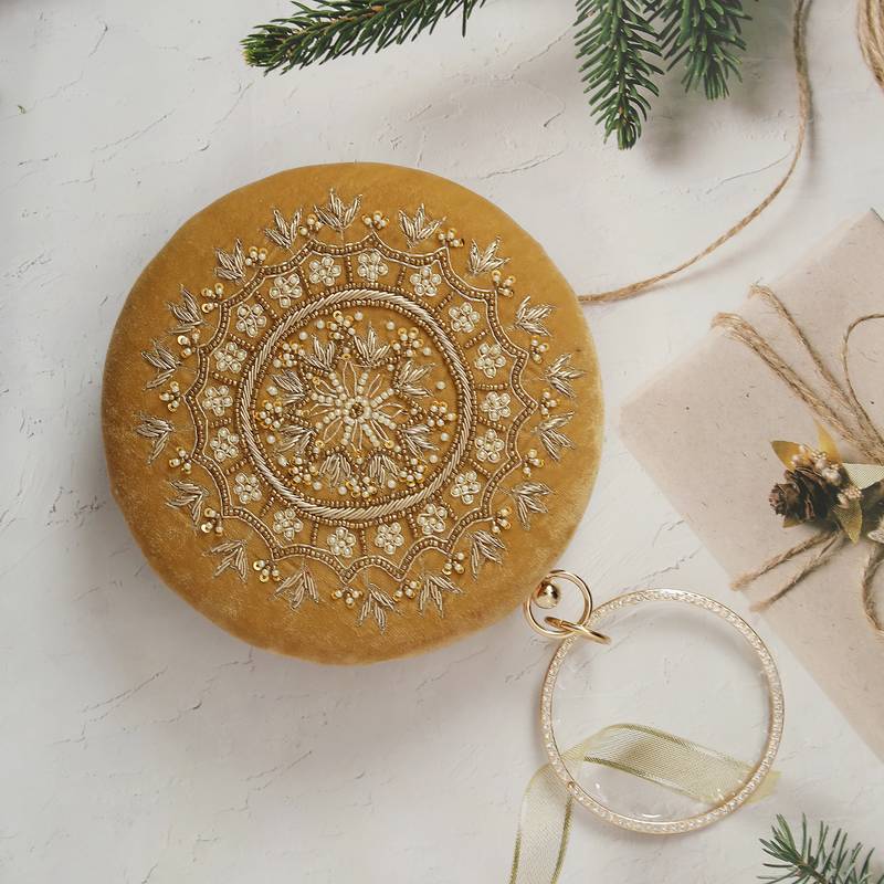 Worthyy Enterprises Embroidered Women's Round Shape Clutch (Gold)