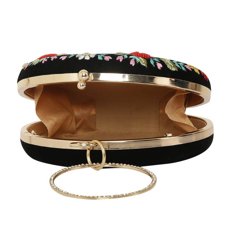 Worthyy Enterprises Embroidered Women's Round Shape Clutch (Black)