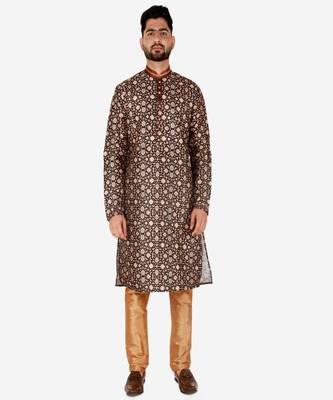 Men's Silk Kurta Pajama | Mandarin Collar | Floral Print (A-110) 1