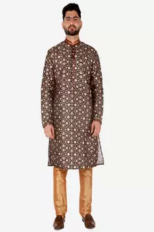 Men's Silk Kurta Pajama | Mandarin Collar | Floral Print (A-110)