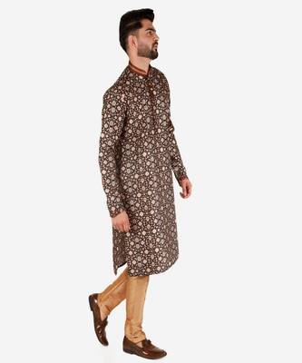 Men's Silk Kurta Pajama | Mandarin Collar | Floral Print (A-110) 4