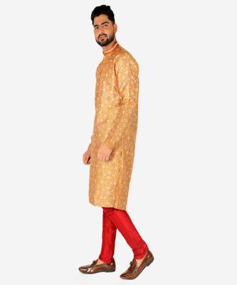 Men's Silk Kurta Pajama | Mandarin Collar | Floral Print (A-110) 3