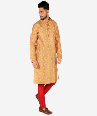 Men's Silk Kurta Pajama | Mandarin Collar | Floral Print (A-110) 4