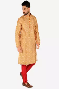 Men's Silk Kurta Pajama | Mandarin Collar | Floral Print (A-110)