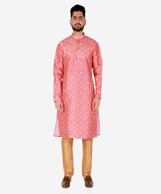 Men's Silk Kurta Pajama | Mandarin Collar | Floral Print (A-110) 1
