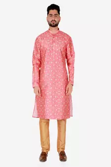 Men's Silk Kurta Pajama | Mandarin Collar | Floral Print (A-110)
