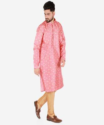 Men's Silk Kurta Pajama | Mandarin Collar | Floral Print (A-110) 4
