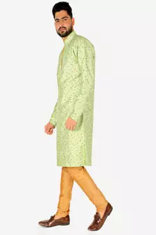 Men's Silk Kurta Pajama | Mandarin Collar | Floral Print (A-111)