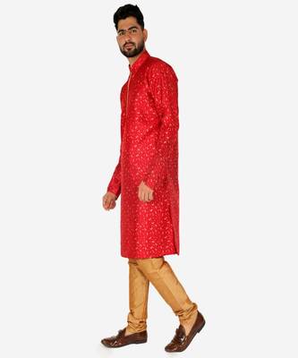 Men's Silk Kurta Pajama | Mandarin Collar | Floral Print (A-111) 3