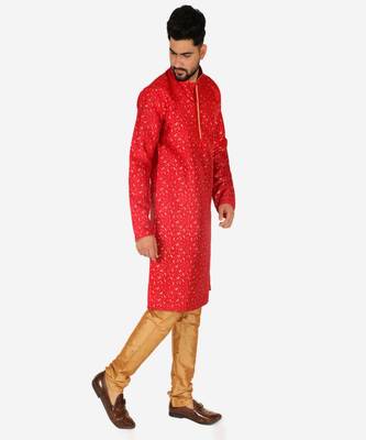 Men's Silk Kurta Pajama | Mandarin Collar | Floral Print (A-111) 4
