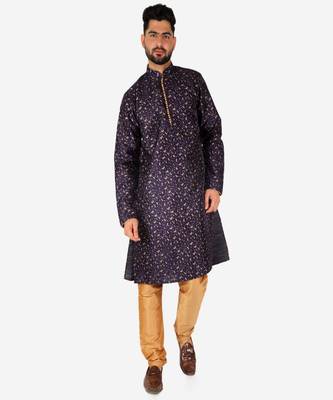 Men's Silk Kurta Pajama | Mandarin Collar | Floral Print (A-111) 1