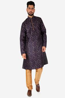 Men's Silk Kurta Pajama | Mandarin Collar | Floral Print (A-111)