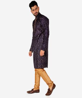 Men's Silk Kurta Pajama | Mandarin Collar | Floral Print (A-111) 3