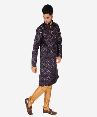Men's Silk Kurta Pajama | Mandarin Collar | Floral Print (A-111) 4