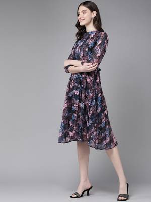 Black printed georgette short-dresses 4