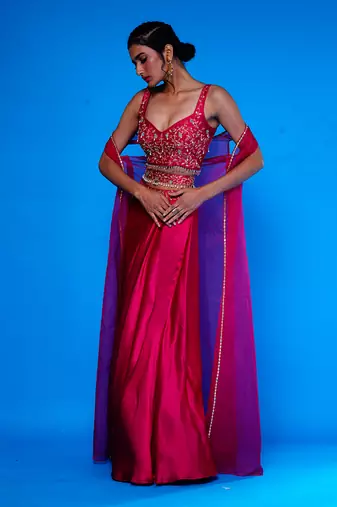 Rani Embroidered Silk Choli With Pre Drape Skirt Paired with an Embroidered Jacket