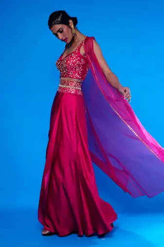 Rani Embroidered Silk Choli With Pre Drape Skirt Paired with an Embroidered Jacket