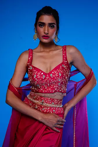 Rani Embroidered Silk Choli With Pre Drape Skirt Paired with an Embroidered Jacket