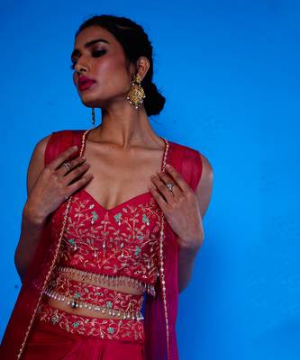 Rani Embroidered Silk Choli With Pre Drape Skirt Paired with an Embroidered Jacket 5