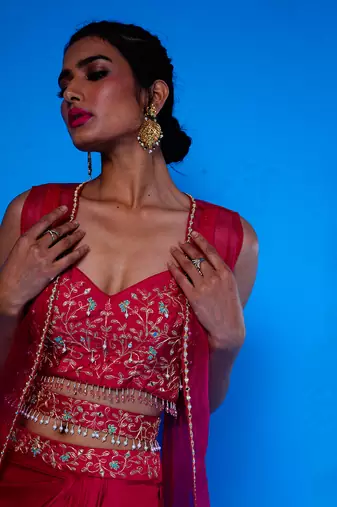 Rani Embroidered Silk Choli With Pre Drape Skirt Paired with an Embroidered Jacket