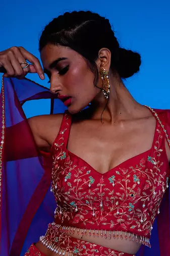 Rani Embroidered Silk Choli With Pre Drape Skirt Paired with an Embroidered Jacket
