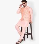 Light Pink Printed Silk Kurta Pajama & Waistcoat Set For Mens